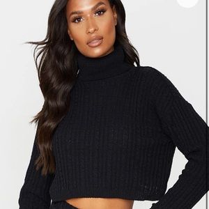 Black Roll Neck Cable Knit Cropped Sweater